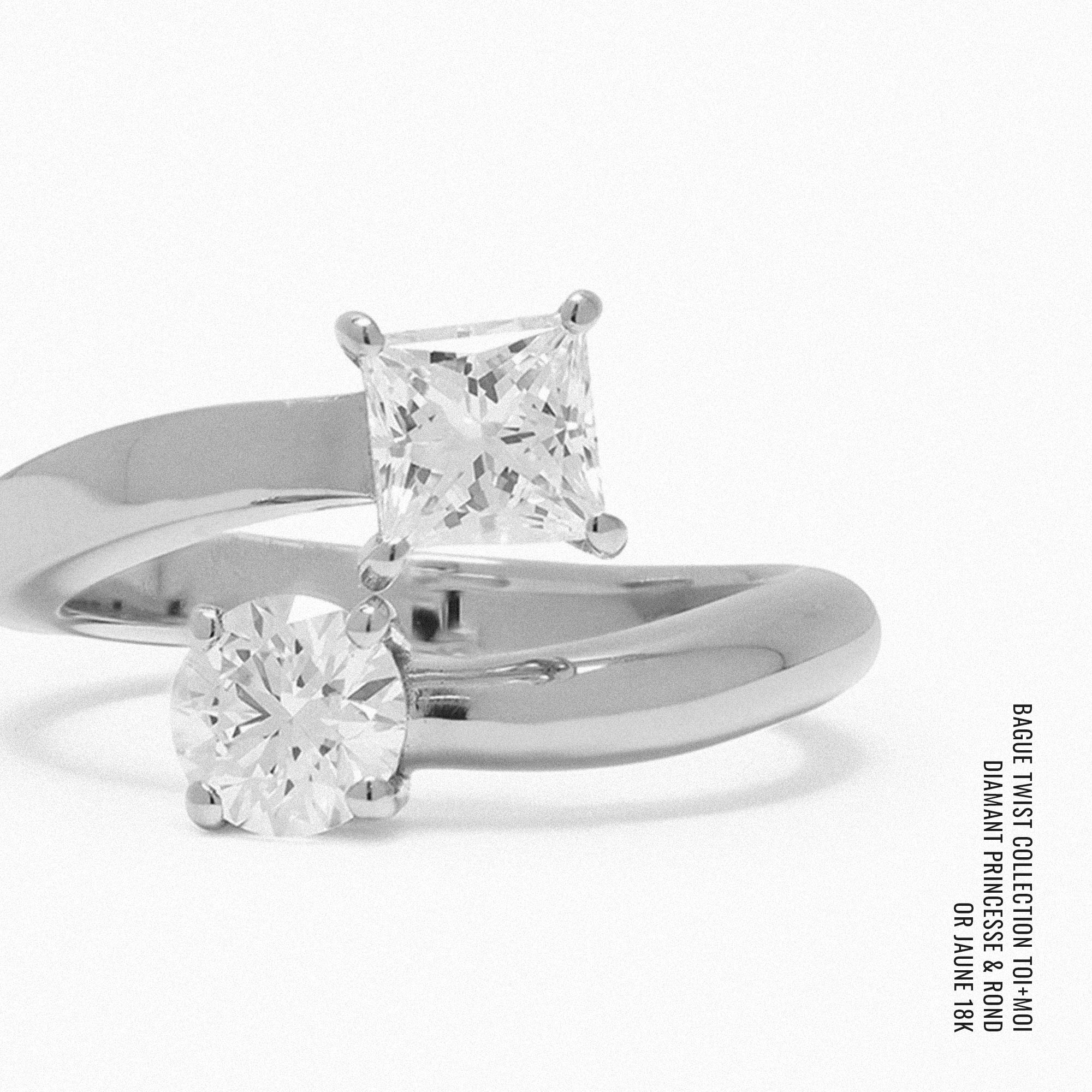 Bague faite main en or recyclé 18k avec diamant de laboratoire rond brillant et princesse fabriqué en France ethique et durable