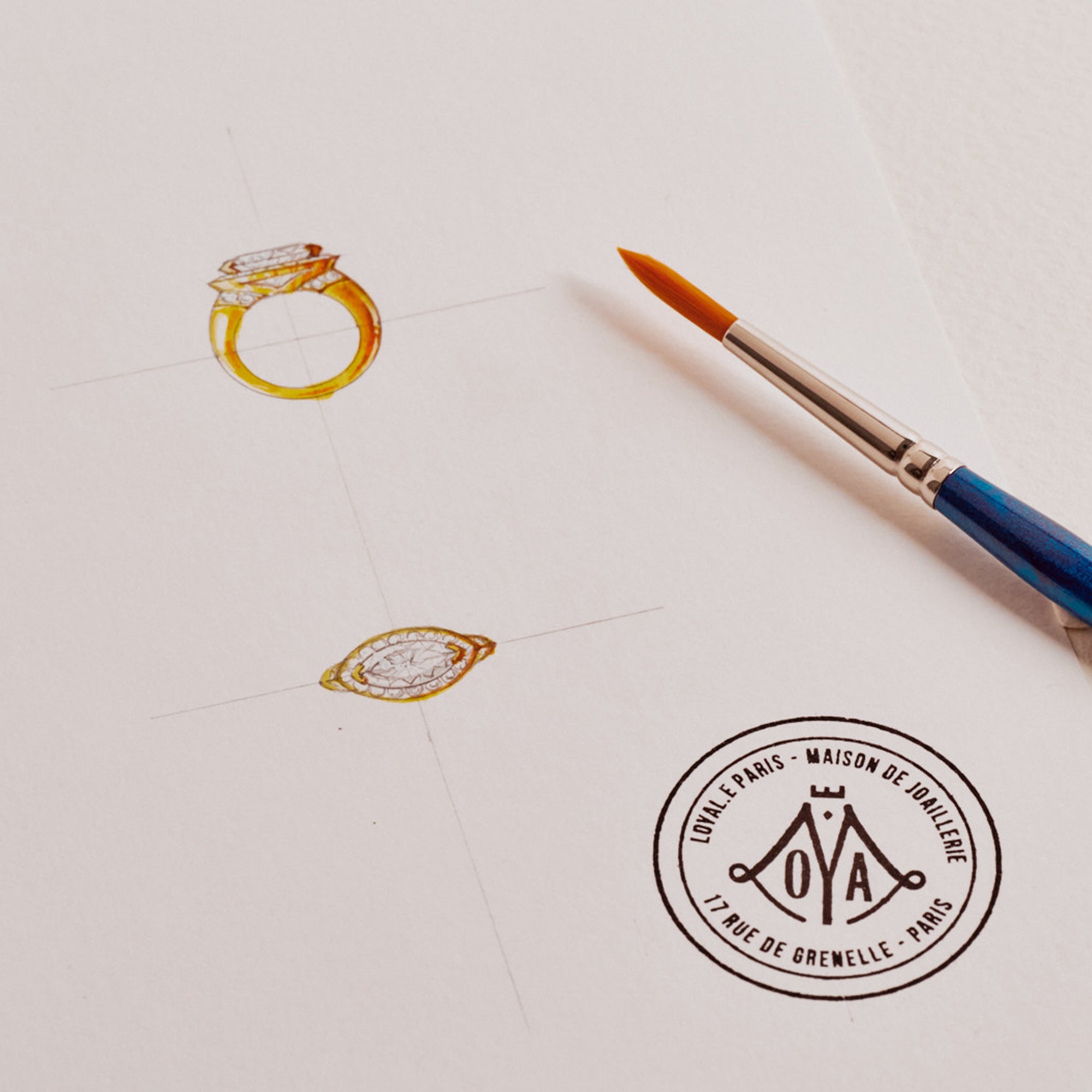 croquis dessin technique bague marquise diamant de synthèse or jaune 18k maison de joaillerie française loyale paris